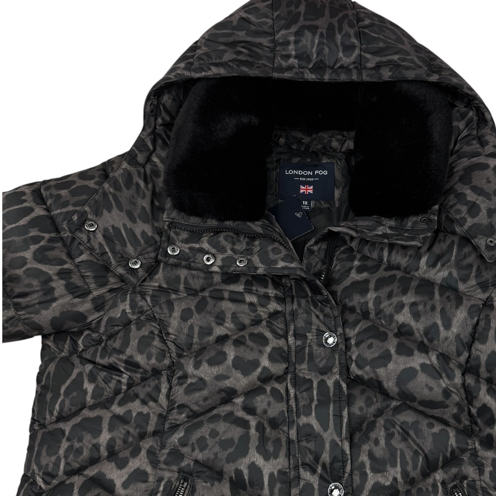 London Fog Women 1X Leopard Quilted Puffer Jacket Faux Fur Collar Grey Black